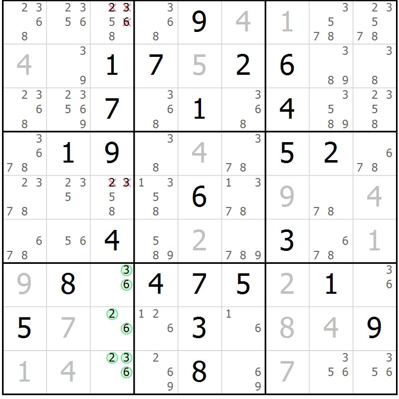 Position des candidats pour la solution de la Gr 6 page 9 du magazine de sudoku Maestro n° 086