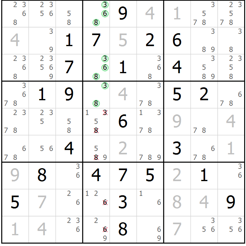 Position des candidats pour la solution de la Gr 6 page 9 du magazine de sudoku Maestro n° 086