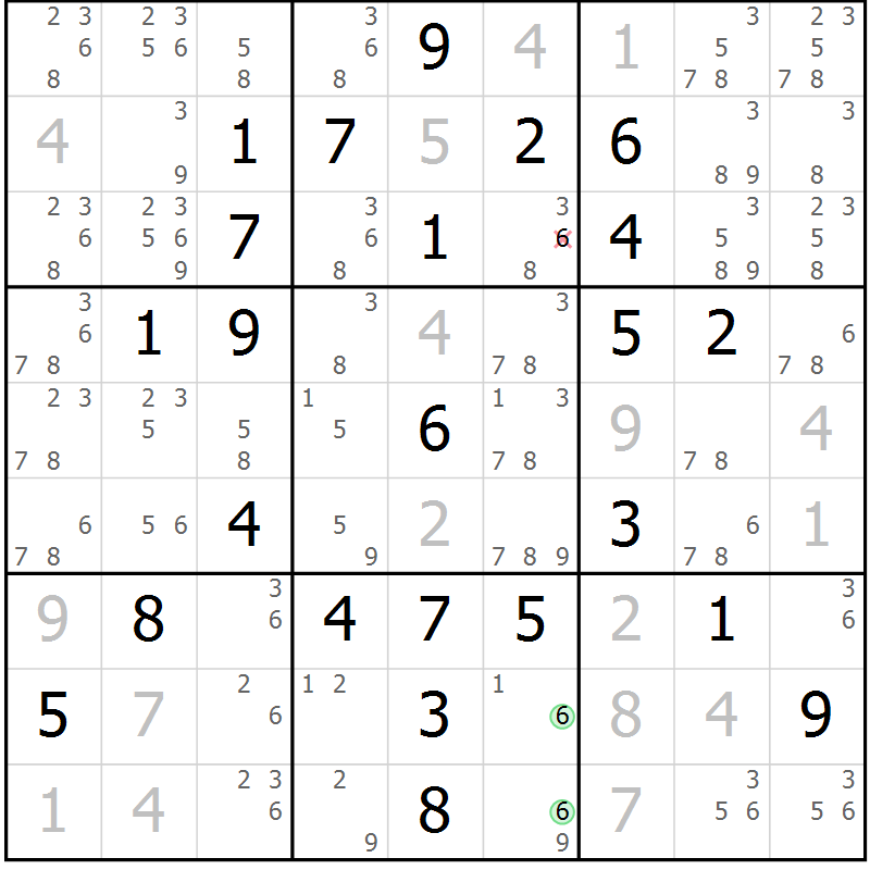 Position des candidats pour la solution de la Gr 6 page 9 du magazine de sudoku Maestro n° 086