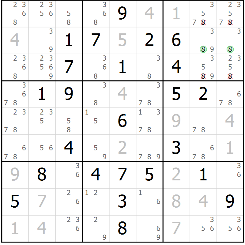 Position des candidats pour la solution de la Gr 6 page 9 du magazine de sudoku Maestro n° 086