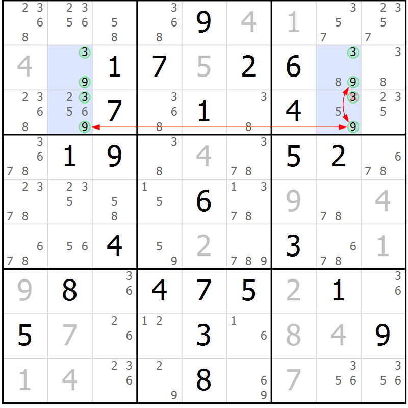 Position des candidats pour la solution de la Gr 6 page 9 du magazine de sudoku Maestro n° 086