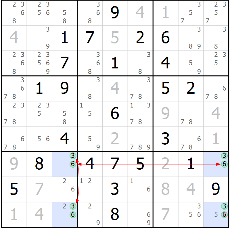 Position des candidats pour la solution de la Gr 6 page 9 du magazine de sudoku Maestro n° 086