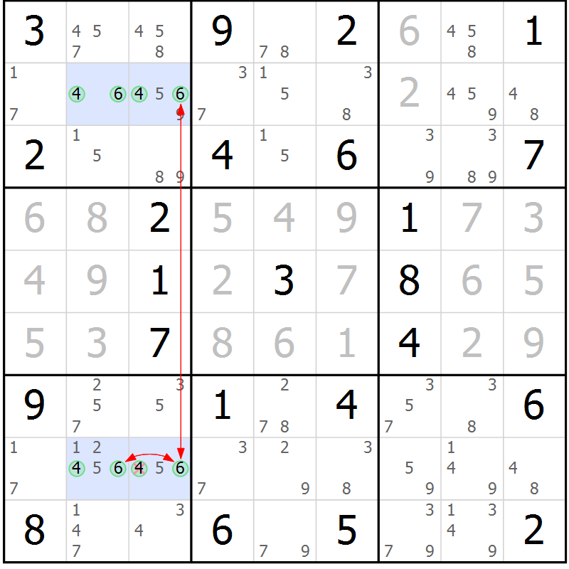 Position des candidats pour la solution de la Gr 60 page 63 du magazine de sudoku Maestro n° 086