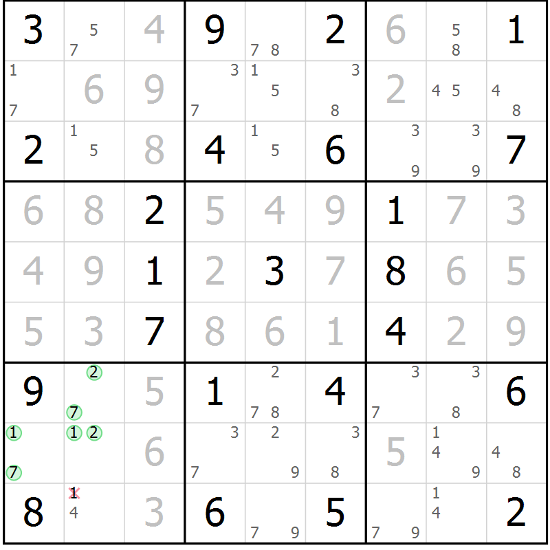 Position des candidats pour la solution de la Gr 60 page 63 du magazine de sudoku Maestro n° 086