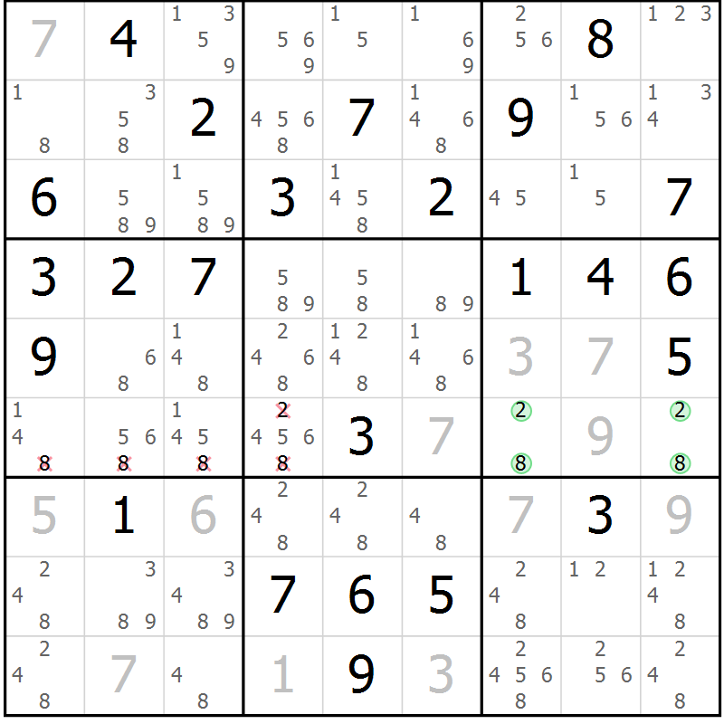 Position des candidats pour la solution de la Gr 61 page 64 du magazine de sudoku Maestro n° 086