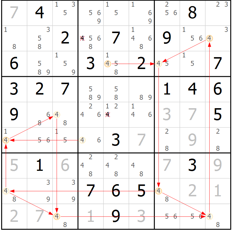 Position des candidats pour la solution de la Gr 61 page 64 du magazine de sudoku Maestro n° 086