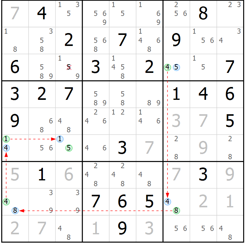 Position des candidats pour la solution de la Gr 61 page 64 du magazine de sudoku Maestro n° 086