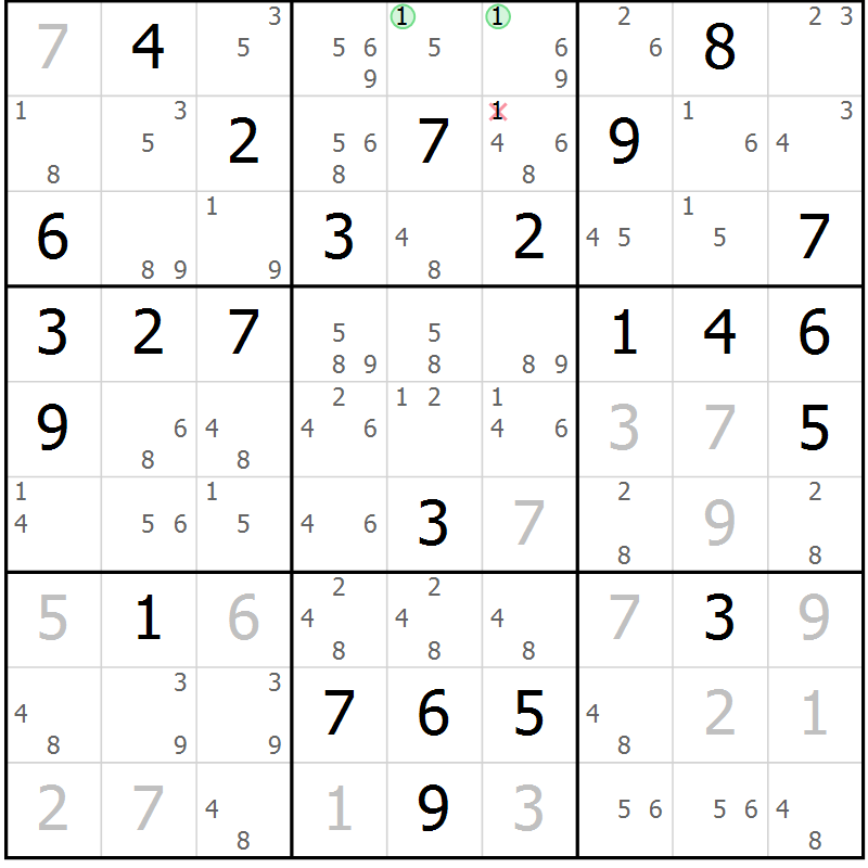 Position des candidats pour la solution de la Gr 61 page 64 du magazine de sudoku Maestro n° 086
