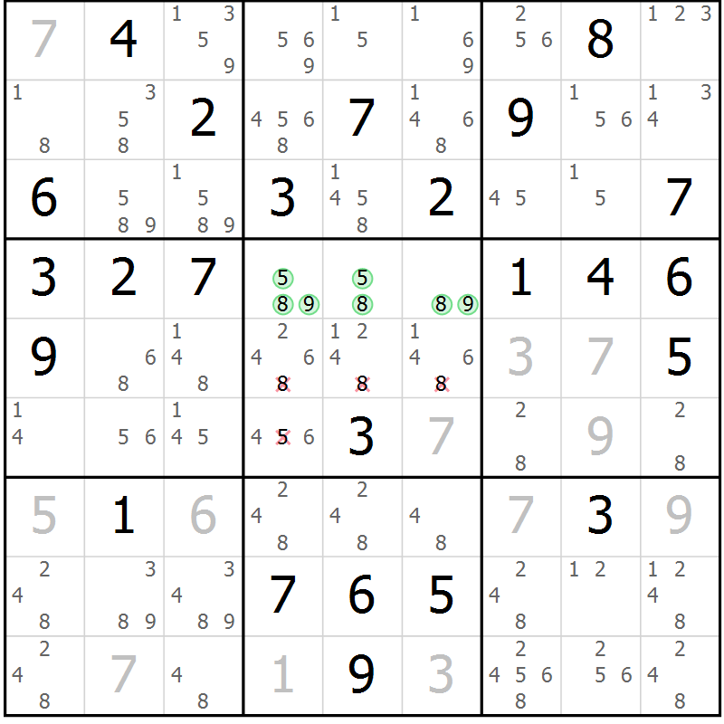 Position des candidats pour la solution de la Gr 61 page 64 du magazine de sudoku Maestro n° 086