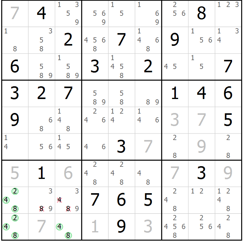 Position des candidats pour la solution de la Gr 61 page 64 du magazine de sudoku Maestro n° 086