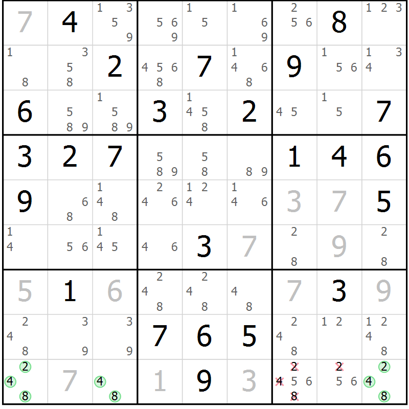 Position des candidats pour la solution de la Gr 61 page 64 du magazine de sudoku Maestro n° 086