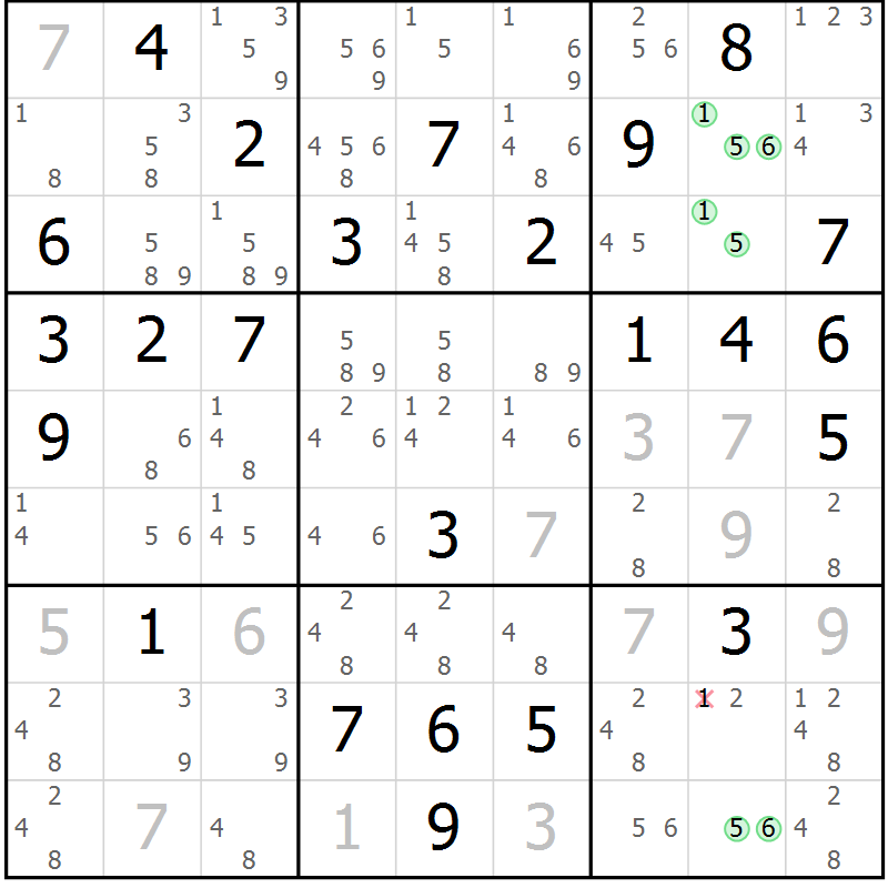 Position des candidats pour la solution de la Gr 61 page 64 du magazine de sudoku Maestro n° 086