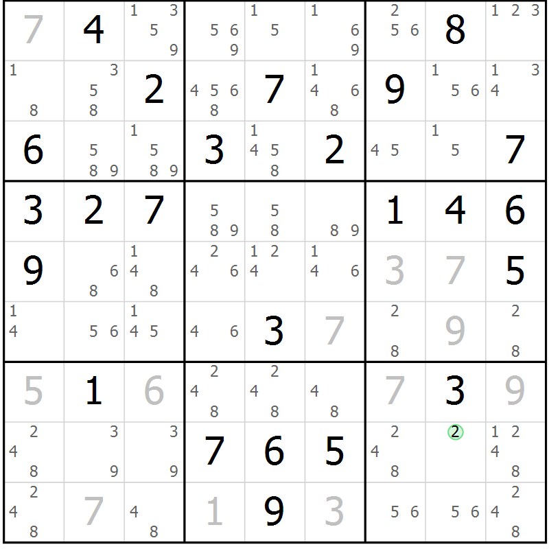 Position des candidats pour la solution de la Gr 61 page 64 du magazine de sudoku Maestro n° 086