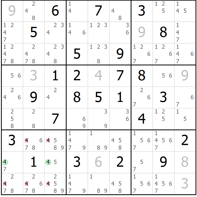 Position des candidats pour la solution de la Gr 63 page 66 du magazine de sudoku Maestro n° 086