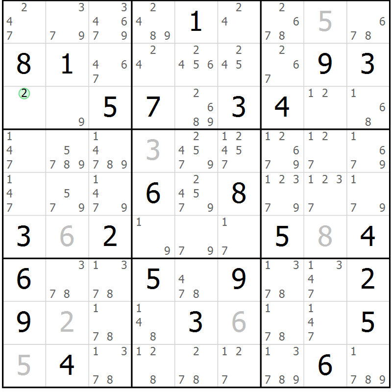Position des candidats pour la solution de la Gr 64 page 67 du magazine de sudoku Maestro n° 086