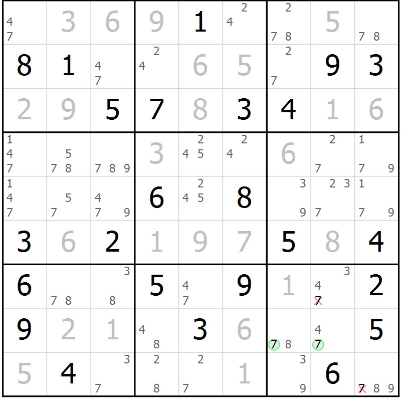 Position des candidats pour la solution de la Gr 64 page 67 du magazine de sudoku Maestro n° 086