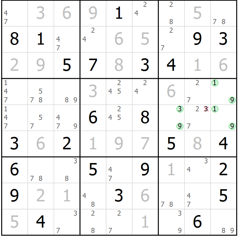 Position des candidats pour la solution de la Gr 64 page 67 du magazine de sudoku Maestro n° 086