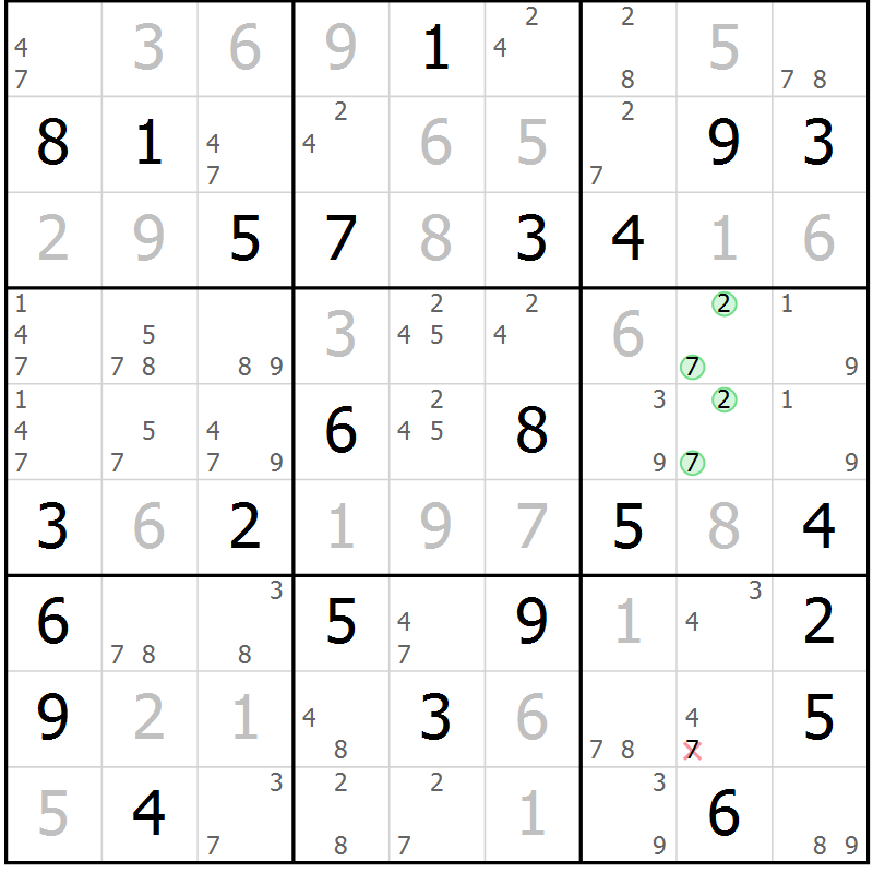 Position des candidats pour la solution de la Gr 64 page 67 du magazine de sudoku Maestro n° 086