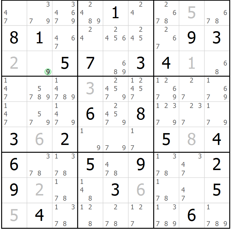 Position des candidats pour la solution de la Gr 64 page 67 du magazine de sudoku Maestro n° 086