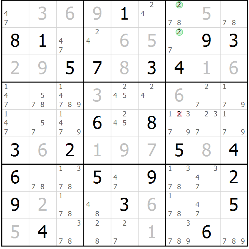 Position des candidats pour la solution de la Gr 64 page 67 du magazine de sudoku Maestro n° 086