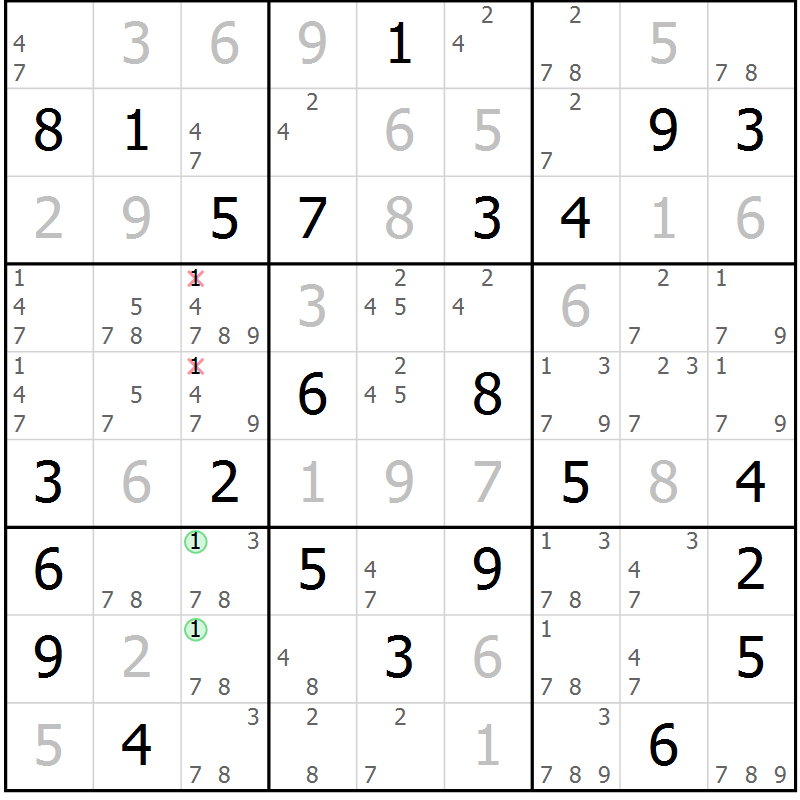 Position des candidats pour la solution de la Gr 64 page 67 du magazine de sudoku Maestro n° 086