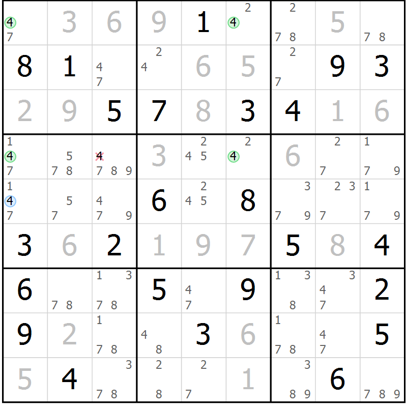 Position des candidats pour la solution de la Gr 64 page 67 du magazine de sudoku Maestro n° 086