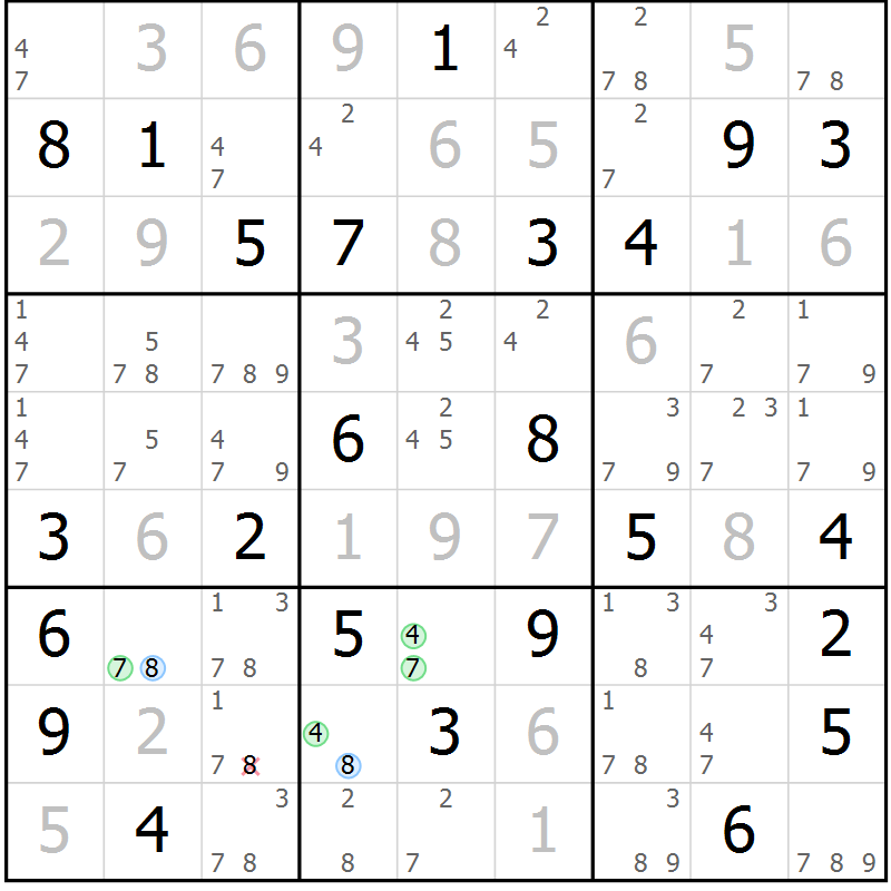 Position des candidats pour la solution de la Gr 64 page 67 du magazine de sudoku Maestro n° 086