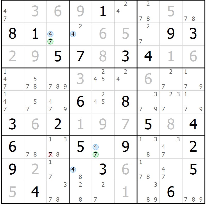 Position des candidats pour la solution de la Gr 64 page 67 du magazine de sudoku Maestro n° 086