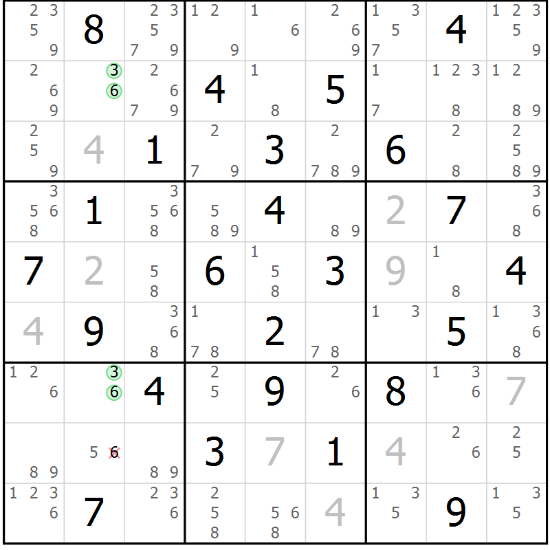 Position des candidats pour la solution de la Gr 65 page 68 du magazine de sudoku Maestro n° 086