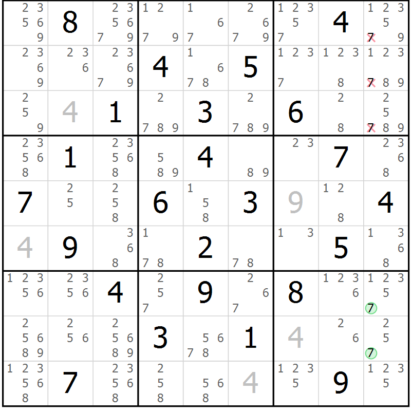 Position des candidats pour la solution de la Gr 65 page 68 du magazine de sudoku Maestro n° 086