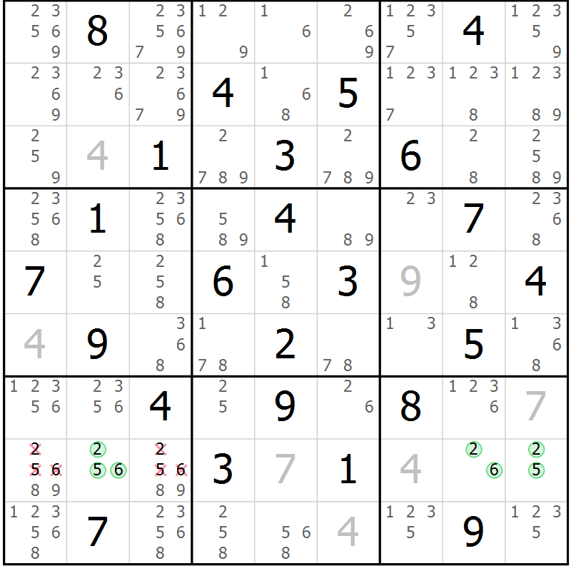 Position des candidats pour la solution de la Gr 65 page 68 du magazine de sudoku Maestro n° 086