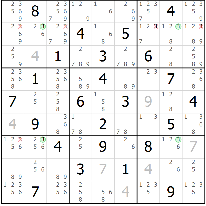 Position des candidats pour la solution de la Gr 65 page 68 du magazine de sudoku Maestro n° 086