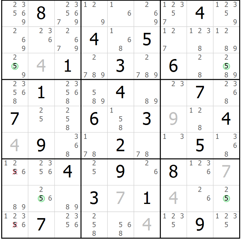 Position des candidats pour la solution de la Gr 65 page 68 du magazine de sudoku Maestro n° 086