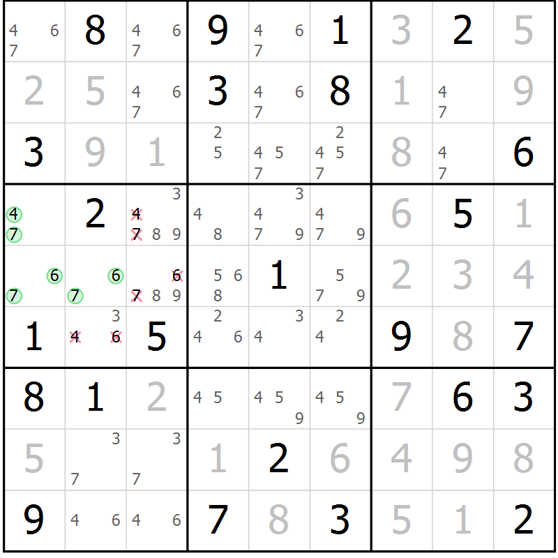 Position des candidats pour la solution de la Gr 66 page 69 du magazine de sudoku Maestro n° 086