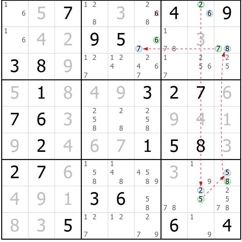 Position des candidats pour la solution de la Gr 67 page 70 du magazine de sudoku Maestro n° 086