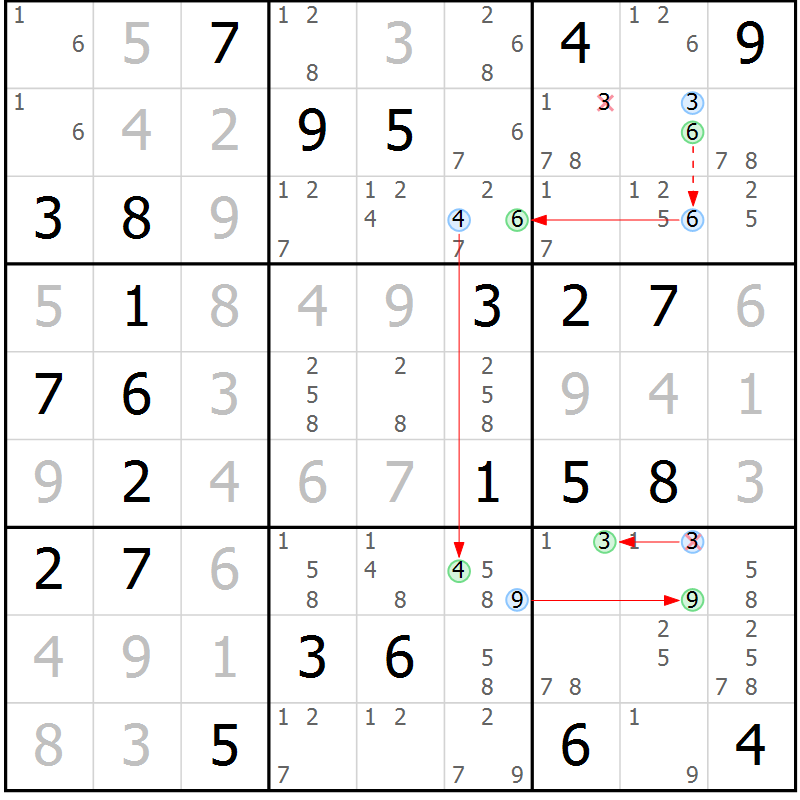 Position des candidats pour la solution de la Gr 67 page 70 du magazine de sudoku Maestro n° 086