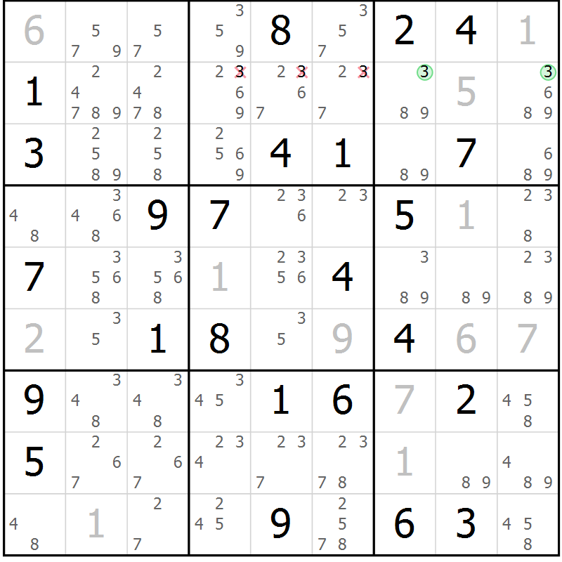 Position des candidats pour la solution de la Gr 68 page 71 du magazine de sudoku Maestro n° 086
