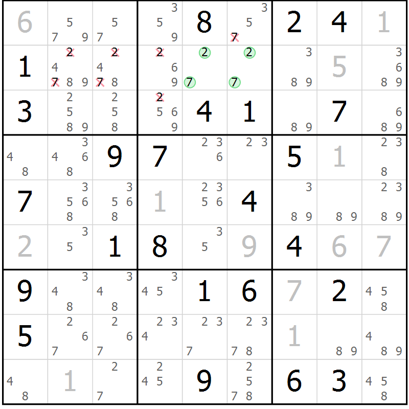 Position des candidats pour la solution de la Gr 68 page 71 du magazine de sudoku Maestro n° 086