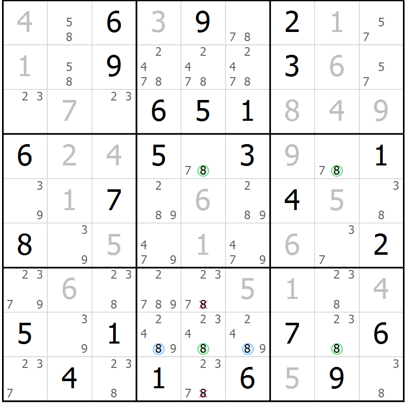 Position des candidats pour la solution de la Gr 69 page 72 du magazine de sudoku Maestro n° 086