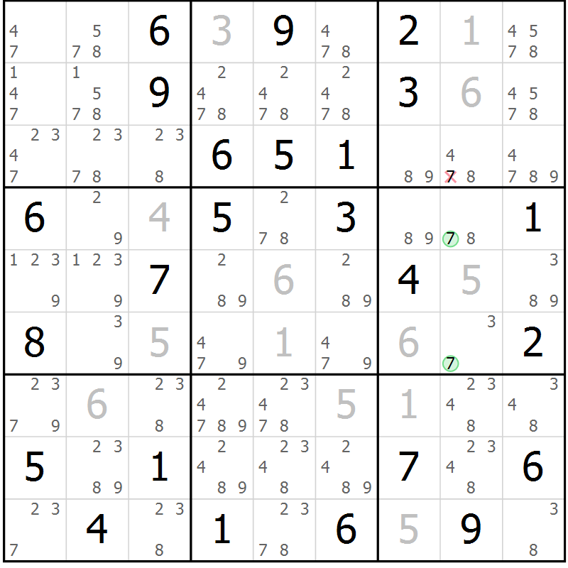 Position des candidats pour la solution de la Gr 69 page 72 du magazine de sudoku Maestro n° 086
