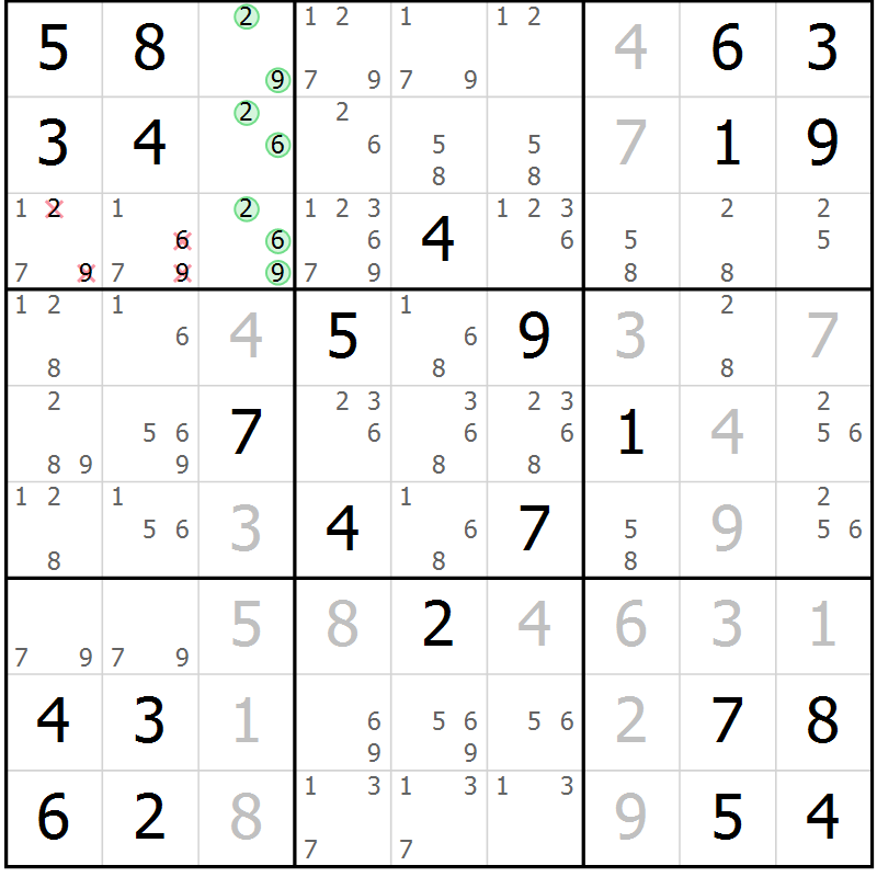 Position des candidats pour la solution de la Gr 7 page 10 du magazine de sudoku Maestro n° 086