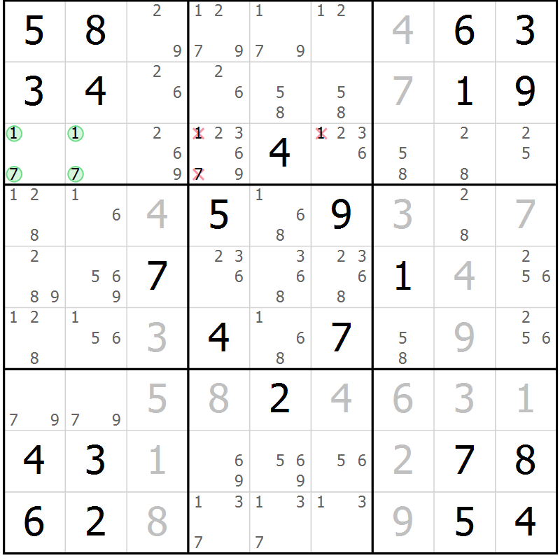 Position des candidats pour la solution de la Gr 7 page 10 du magazine de sudoku Maestro n° 086
