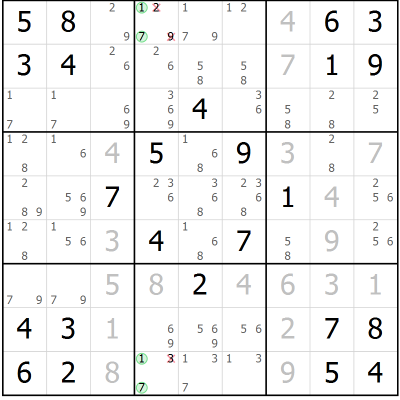 Position des candidats pour la solution de la Gr 7 page 10 du magazine de sudoku Maestro n° 086
