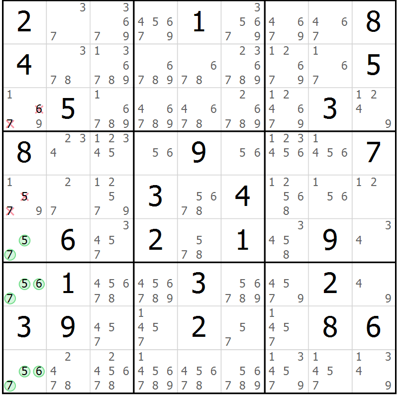 Position des candidats pour la solution de la Gr 70 page 73 du magazine de sudoku Maestro n° 086