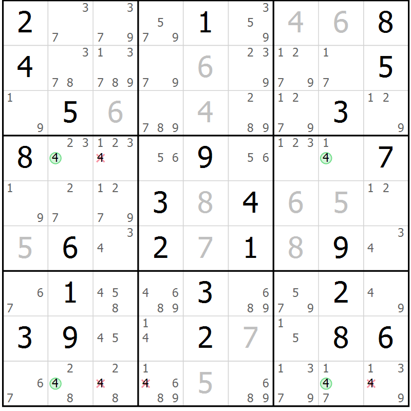 Position des candidats pour la solution de la Gr 70 page 73 du magazine de sudoku Maestro n° 086