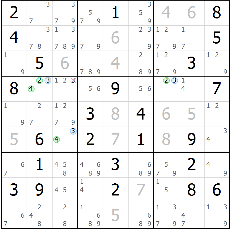 Position des candidats pour la solution de la Gr 70 page 73 du magazine de sudoku Maestro n° 086