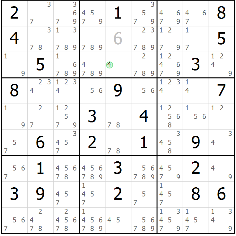 Position des candidats pour la solution de la Gr 70 page 73 du magazine de sudoku Maestro n° 086