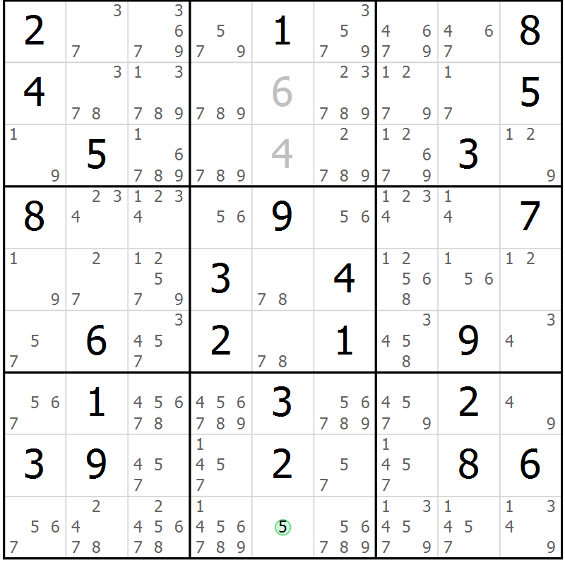 Position des candidats pour la solution de la Gr 70 page 73 du magazine de sudoku Maestro n° 086