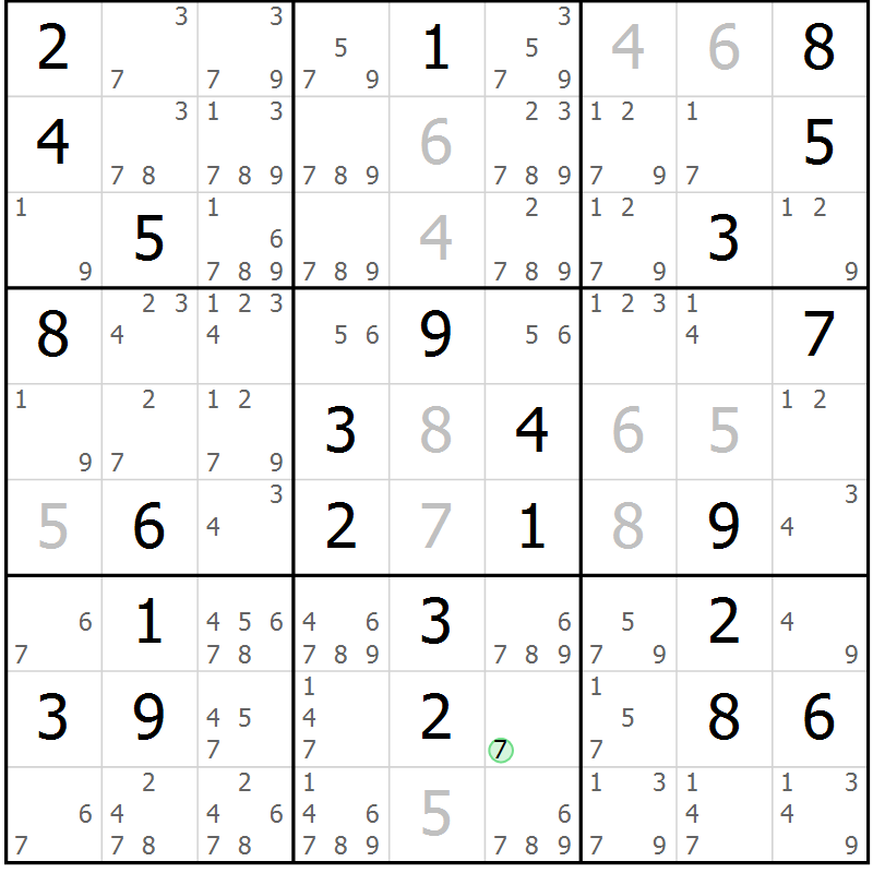 Position des candidats pour la solution de la Gr 70 page 73 du magazine de sudoku Maestro n° 086