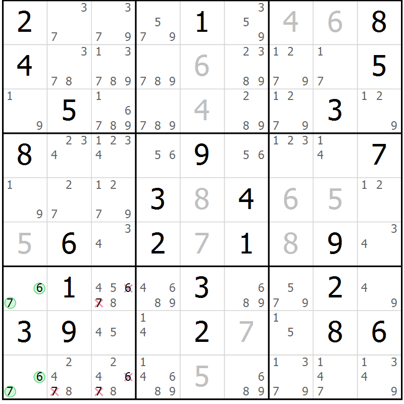 Position des candidats pour la solution de la Gr 70 page 73 du magazine de sudoku Maestro n° 086